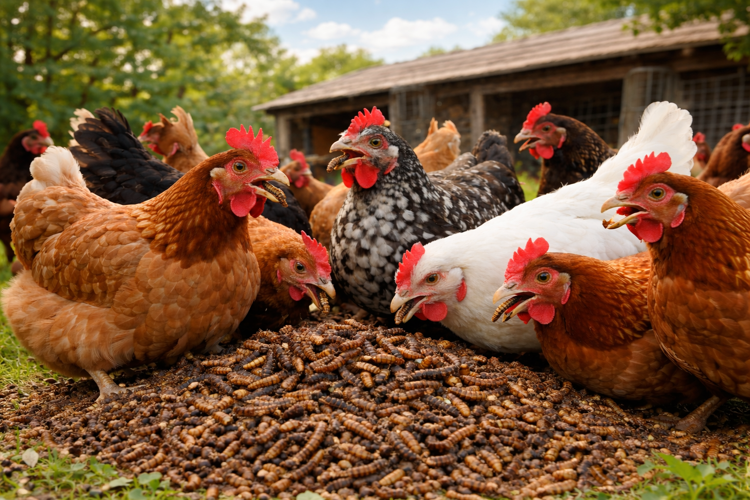 Chickens eating a high-protein feed