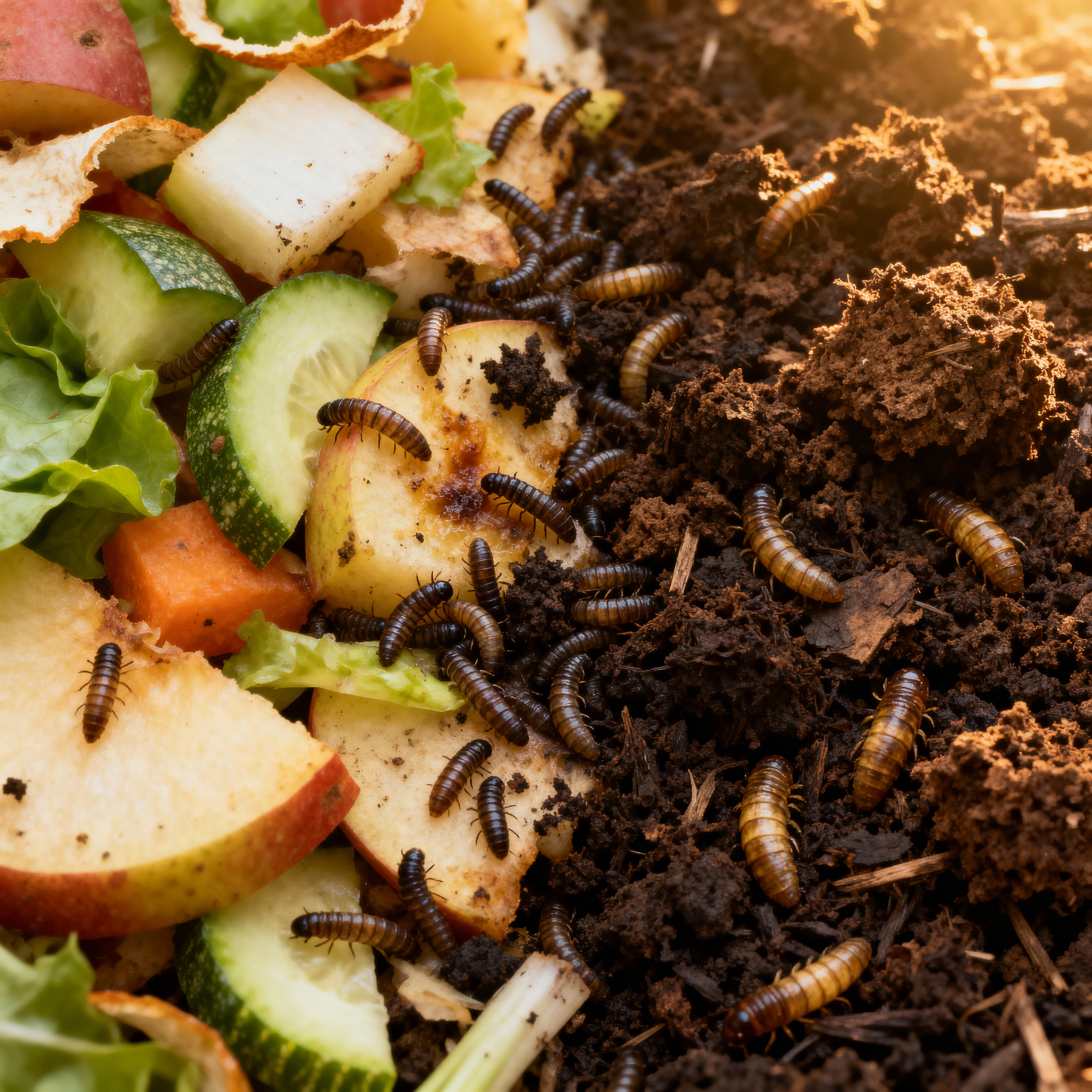 Compost bin with organic waste and gardening tools
